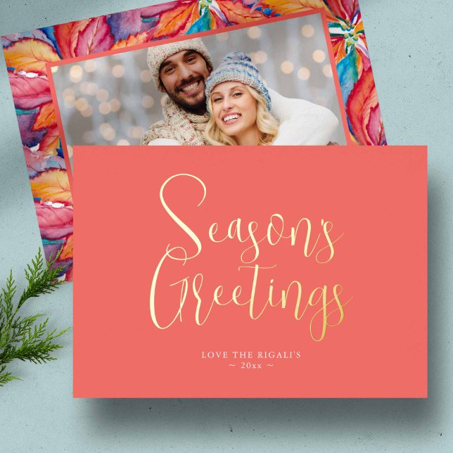 Trendy Season's Greetings Photo (Seasons Greetings unique holiday photo card watercolor poinsettia art by Victoria Grigaliunas)