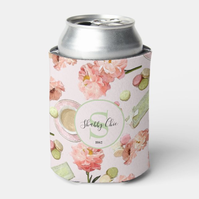 Trendy Shabby Chic Peonies and Macarons Set Can Cooler (Can Front)