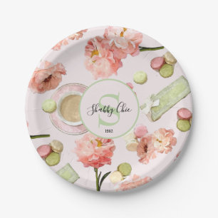Trendy Shabby Chic Peonies and Macarons Set Paper Plate