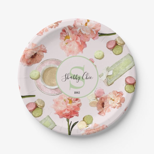 Trendy Shabby Chic Peonies and Macarons Set Paper Plate (Front)