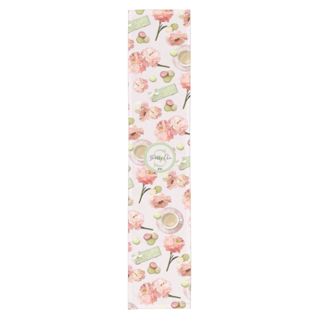Trendy Shabby Chic Peonies and Macarons Set Short Table Runner (Front)