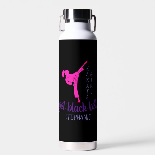 Trendy Silhouette Girly Pink Martial Art Karate Water Bottle (Front)