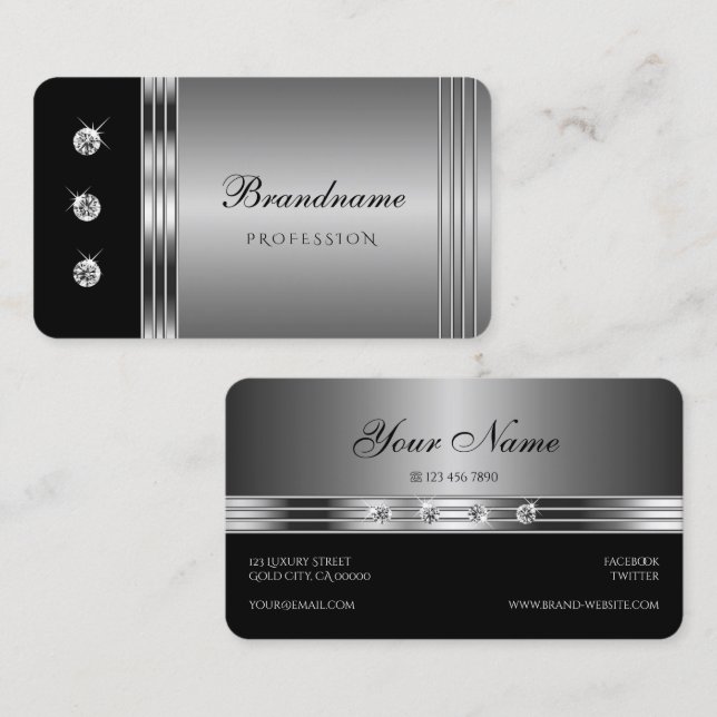 Trendy Silver and Black with Sparkling Rhinestones Business Card (Front/Back)