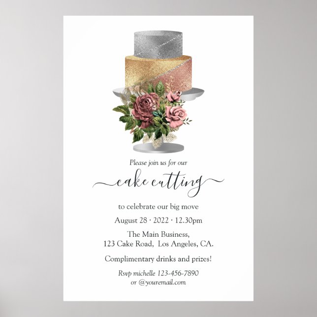 Trendy Silver and Gold Floral Cake Cutting Poster (Front)