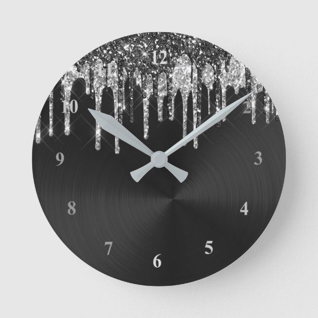 Trendy Silver Black Glitter Drips Graphic Round Clock (Front)