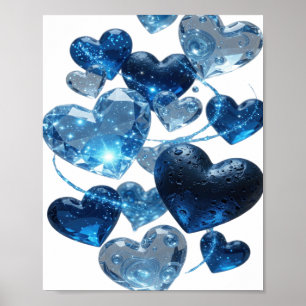 Trendy Silver BLUE HEARTS Artistic Motif Poster