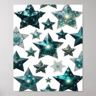 Trendy Silver BLUE STARS 3D Text Art Poster