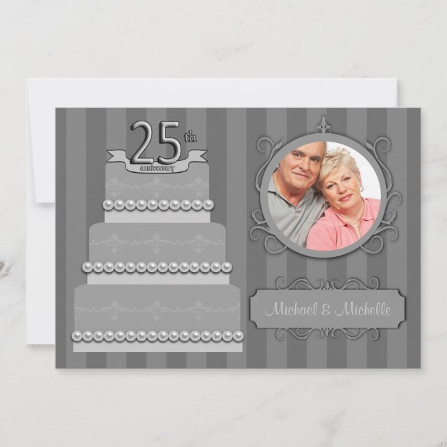 Trendy Silver Damask 25th Anniversary Photo Invite (Front)