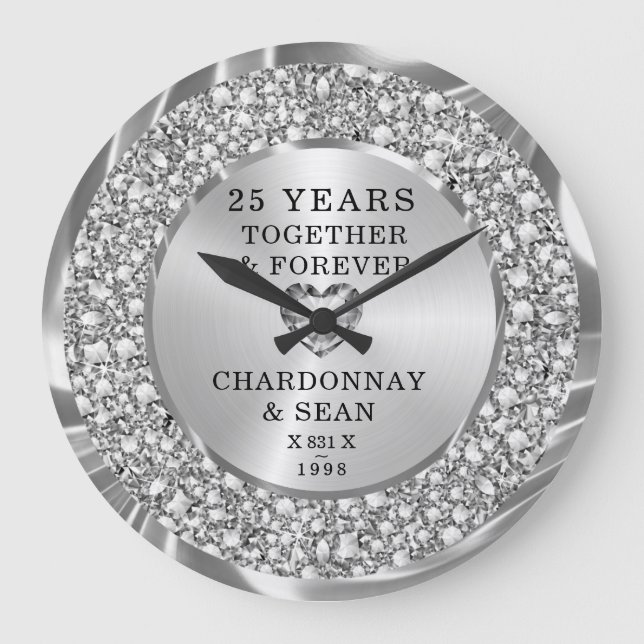  Trendy Silver Diamonds 25th Anniversary  Large Cl Large Clock (Front)