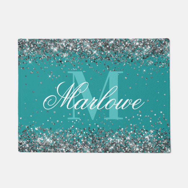 Trendy Silver Glitter Blue Green Monogram Doormat (Front)