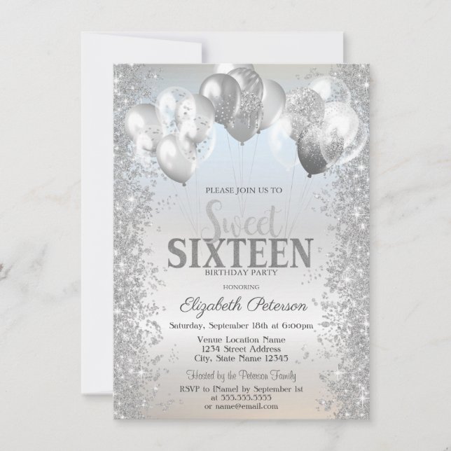 Trendy Silver Glitter Confetti Balloons Sweet 16 Invitation (Front)