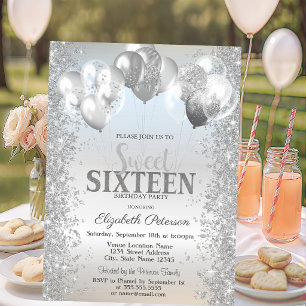 Trendy Silver Glitter Confetti Balloons Sweet 16 Invitation