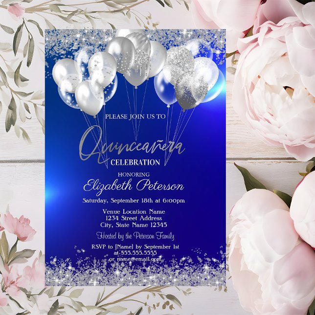 Trendy Silver Glitter Diamonds Balloons  Navy Blue Invitation (Creator Uploaded)