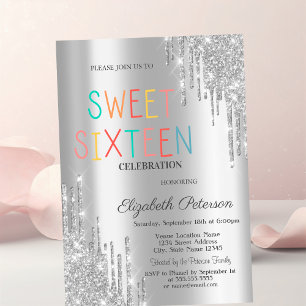 Trendy Silver Glitter Drips Colourful Sweet 16 Invitation