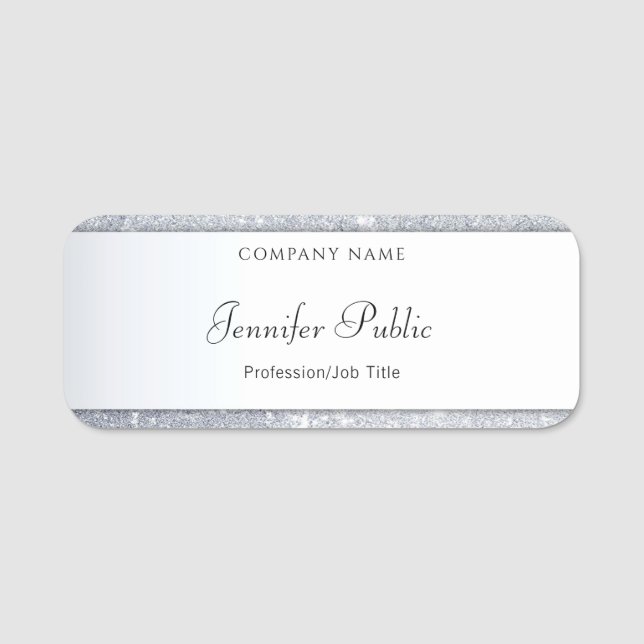 Trendy Silver Glitter Elegant Calligraphy Script Name Tag (Front)