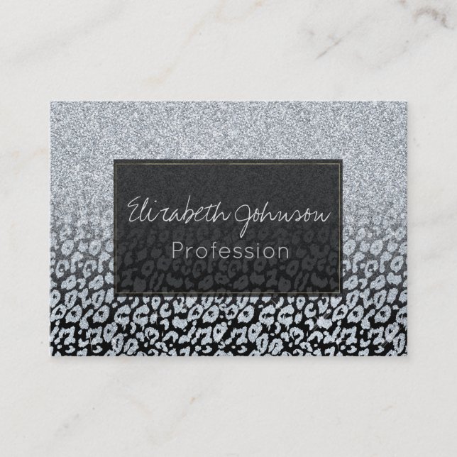 Trendy Silver Glitter & Leopard Ombre Black Print Business Card (Front)
