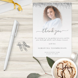 Trendy Silver Glitter Photo 2022 Graduation  Thank You Card