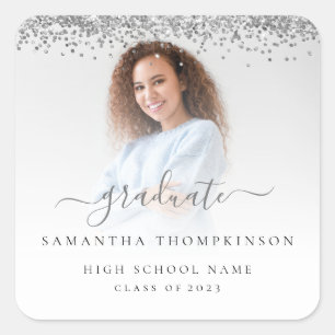 Trendy Silver Glitter Photo 2024 Graduation Square Sticker