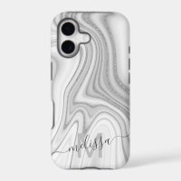 Trendy silver glitter sparkle marble name monogram