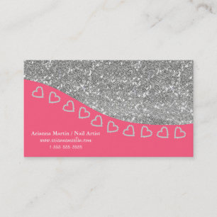 Trendy Silver Glitter & Tiny Diamond Hearts Bling Business Card