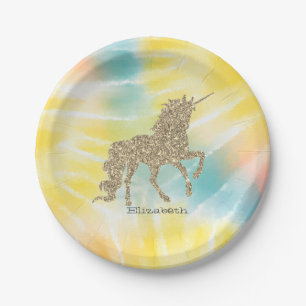 Trendy Silver Glitter Unicorn Tie Dye  Paper Plate