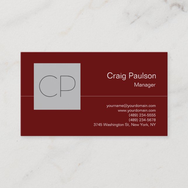 Trendy Silver Grey Red Chic Monogram Business Card (Front)