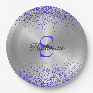 Trendy Silver Metallic Purple Glitter Monogram Paper Plate