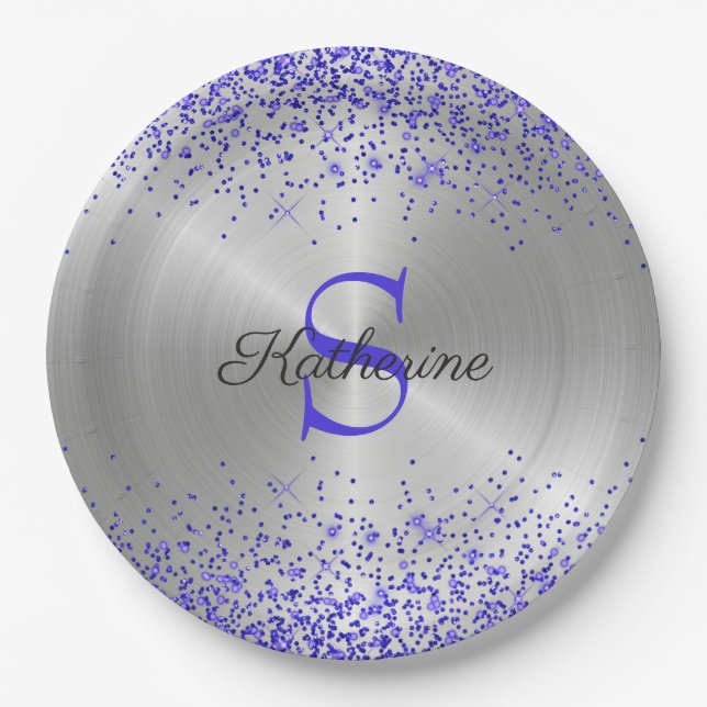 Trendy Silver Metallic Purple Glitter Monogram Paper Plate (Front)