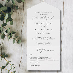 Trendy simple black and white script wedding all in one invitation