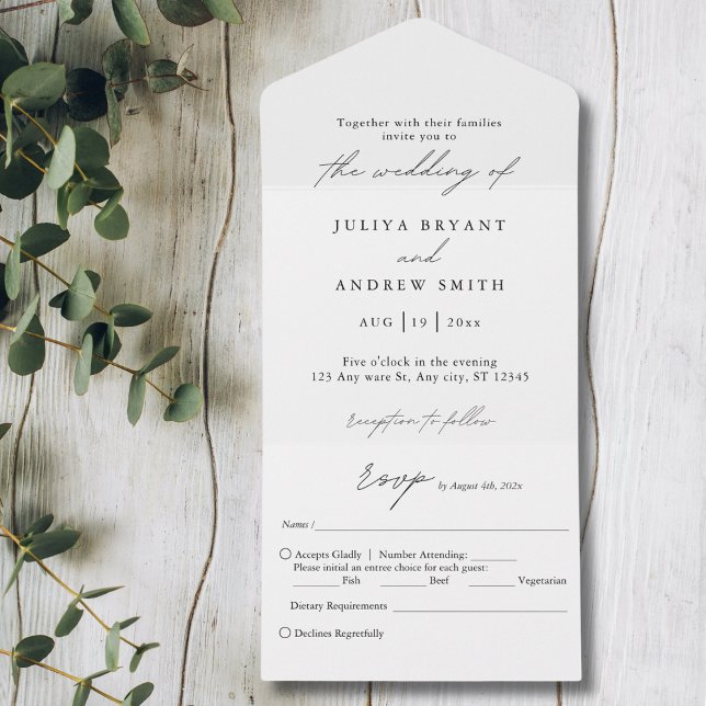 Trendy simple black and white script wedding all in one invitation (Creator Uploaded)