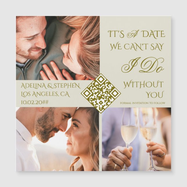 Trendy Simple Three Photo QR CODE Save The Date Magnetic Invitation (Front)