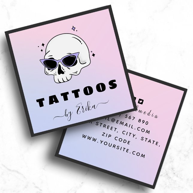 Trendy Skull Glasses Tattoo Artist Girly Gradient Square Business Card (Creator Uploaded)