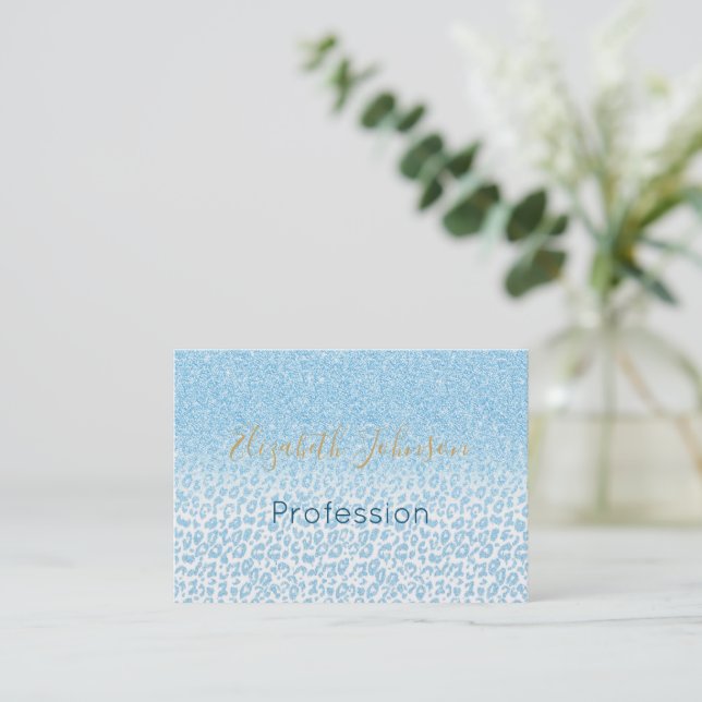 Trendy Sky-Blue Glitter Leopard Print Ombre Design Business Card (Standing Front)