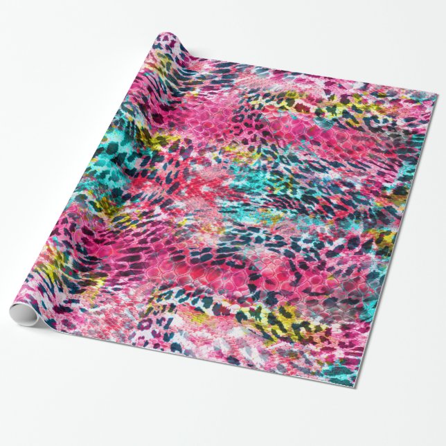 trendy snake skin leopard animal print blend neon wrapping paper (Unrolled)