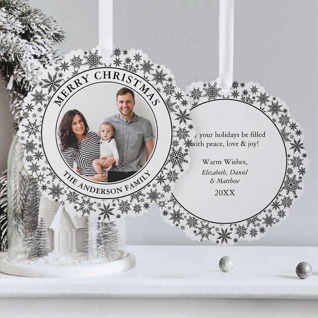Trendy Snowflakes Black and White Merry Christmas Tree Decoration Card (A greeting card that is also an ornament! Customize with your photo and personalized text.)