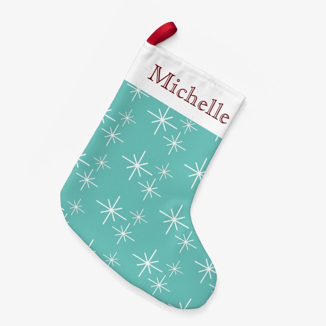 Trendy Snowflakes Teal Personalised Small Christmas Stocking (Front (Hanging))
