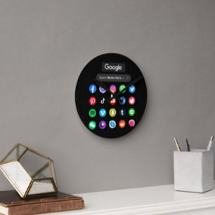 Trendy Social Media Icons Google Search Bar Black Round Clock