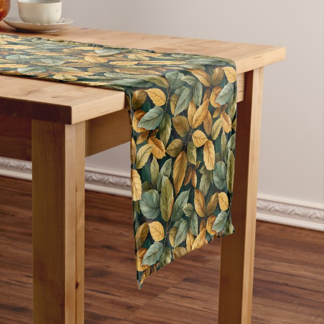 Trendy soft pastel orange yellow brown fall leaves short table runner (In Situ)