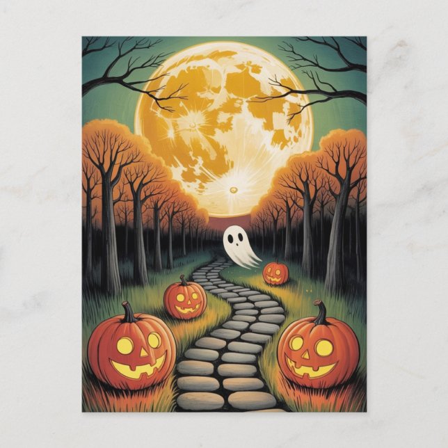 Trendy spooky Halloween Pumpkin Ghost Moon forest  Postcard (Front)