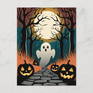 Trendy spooky Halloween Pumpkin Ghost Moon forest  Postcard