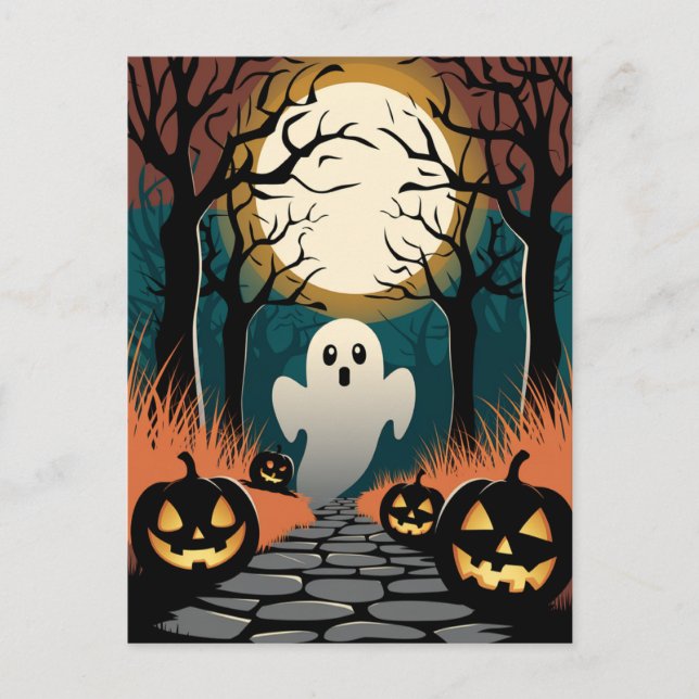 Trendy spooky Halloween Pumpkin Ghost Moon forest  Postcard (Front)