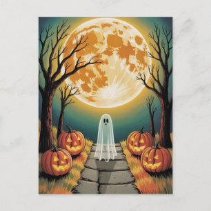 Trendy spooky Halloween Pumpkin Ghost Moon forest Postcard