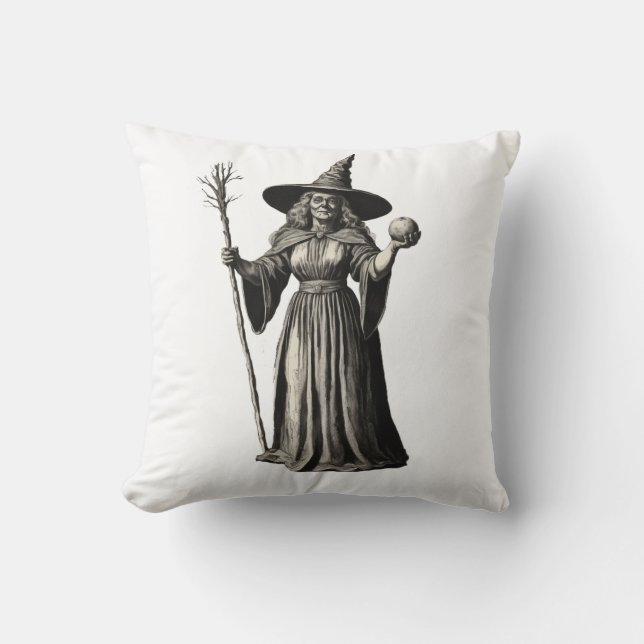 Trendy Spooky Halloween witch and broom Cushion (Front)