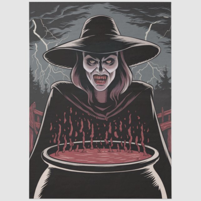 Trendy Spooky Halloween witch and Cauldron Tissue Paper (Front)