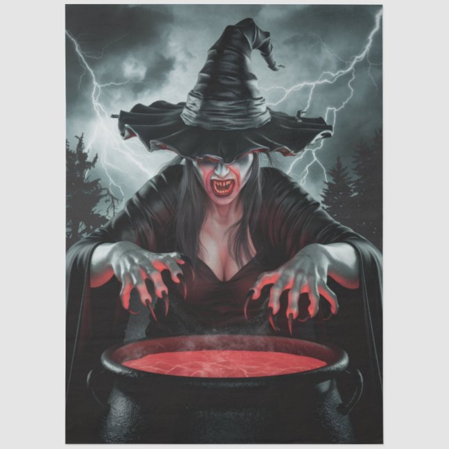 Trendy Spooky Halloween witch and Cauldron Tissue Paper (Front)