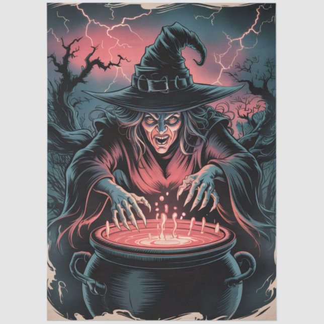 Trendy Spooky Halloween witch and Cauldron Tissue Paper (Front)