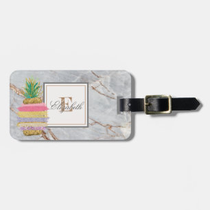 Trendy Stone Marble Texture, Monogram Pineapple Luggage Tag