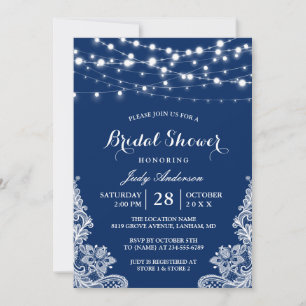 Trendy String Lights Lace Navy Blue Bridal Shower Invitation