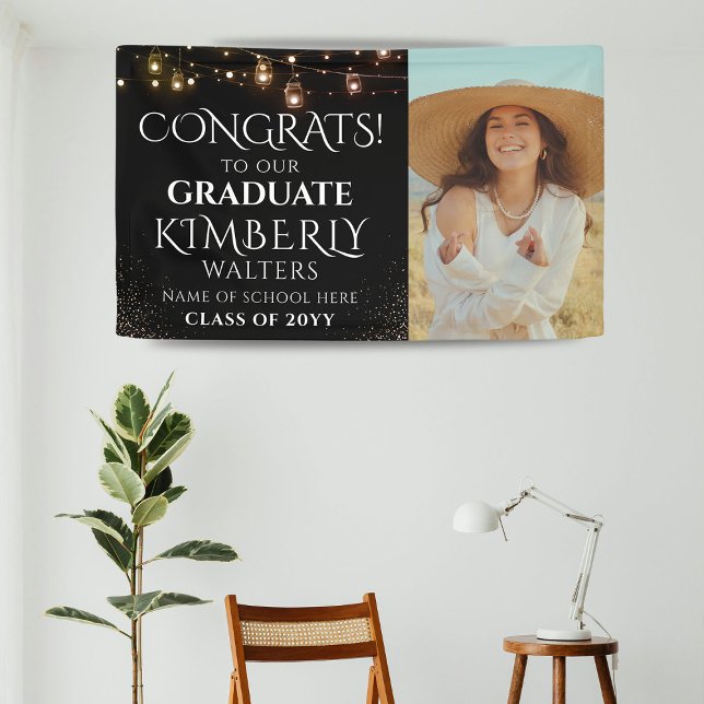 Trendy String Lights Photo Graduation Party Banner (Creator Uploaded)