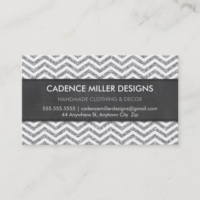 TRENDY STRIPE chevron silver glitter chalkboard Business Card (Front)